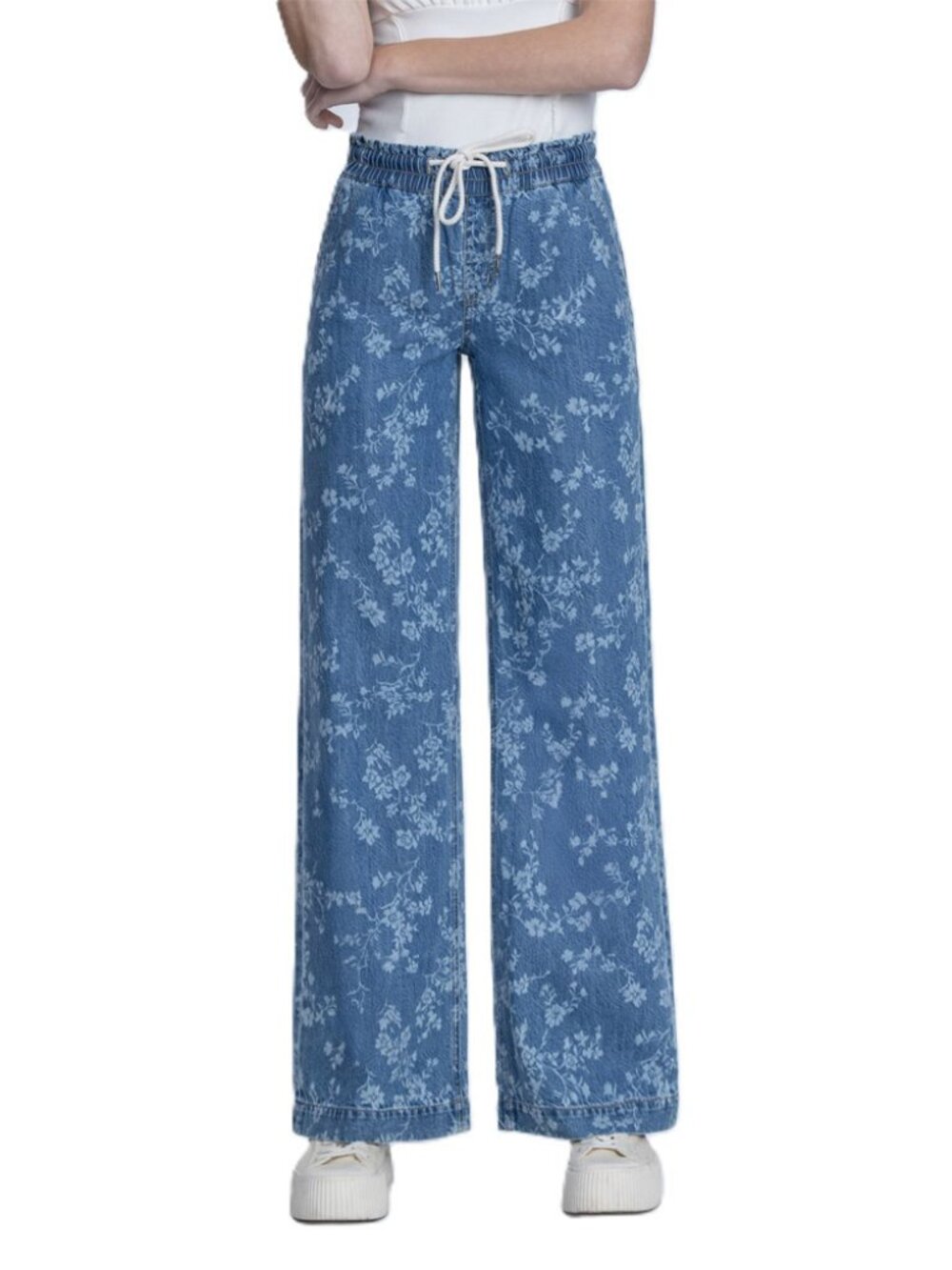 VERVET High Rise Elastic Waistband with Drawstring Floral Print Baggy Wide Leg
